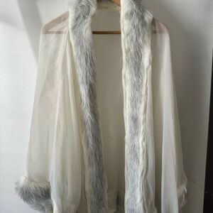 Elegant Sheer White Robe with Faux Fur Trim
